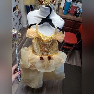 Disney Parks Castle Collection Belle Princess  Siz 5/6 Dress Tiara And Rose Wand